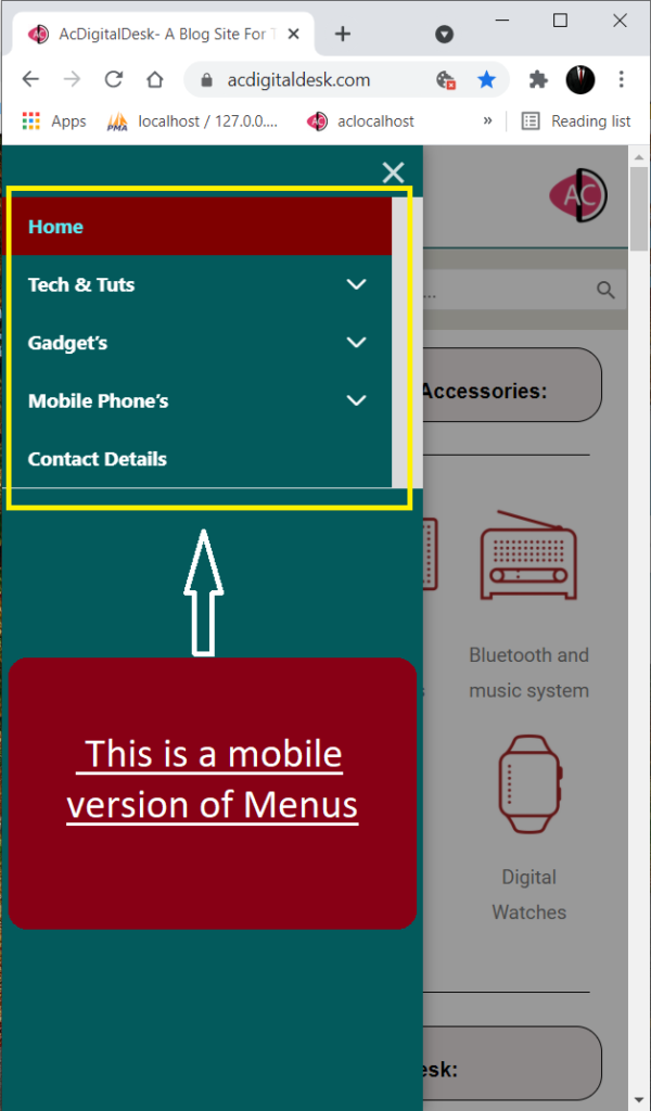 Mobile version of menu: