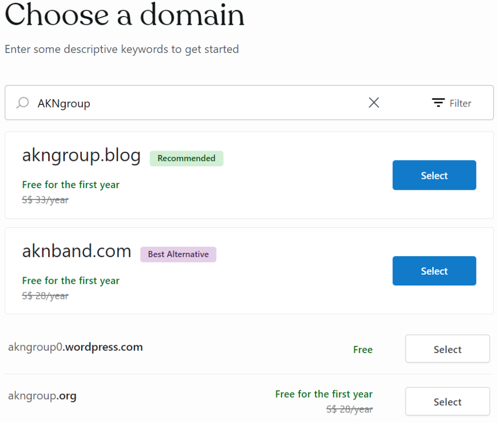 Select free domain name for wordpress website